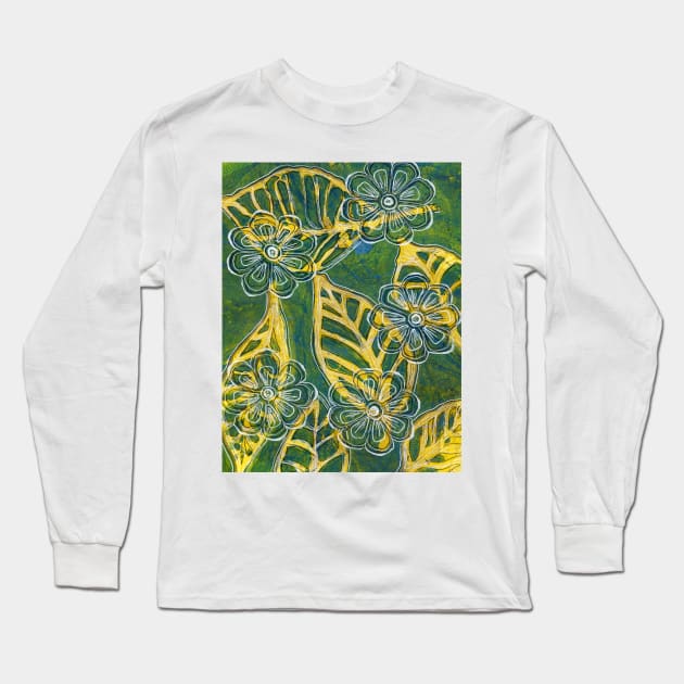 Leaves and Flowers 21 Monoprint with Ink Long Sleeve T-Shirt by Heatherian